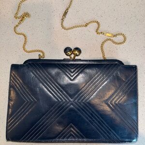 1960s Elegant Black Leather Clutch with Gold Chain